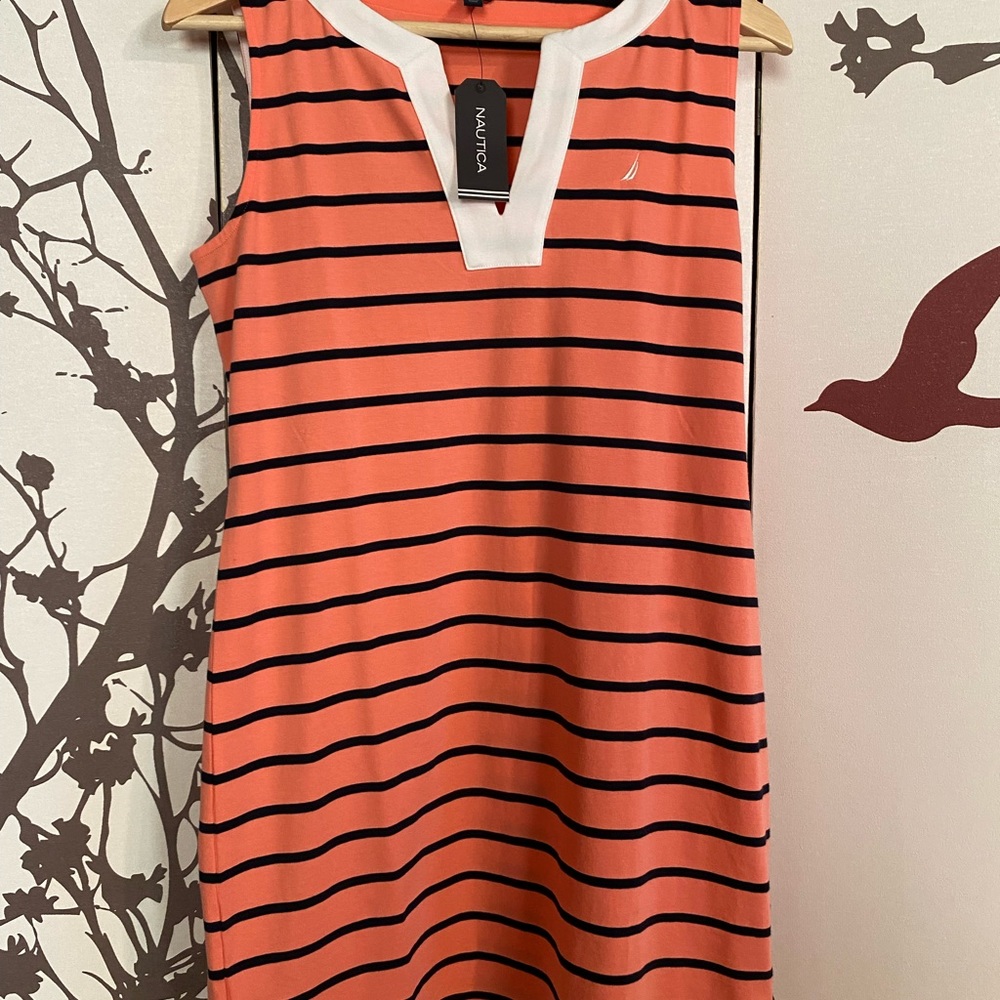 Nautica Women's Breton Stripes Sleeveless V-Neck Stretch Cotton Polo Dress